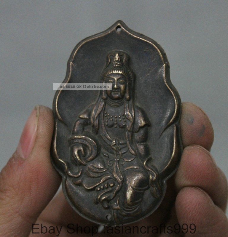 6.  5cm Old Buddhismus Chinesische Bronze Kwan - Yin Guan Yin Statue Amulett Blatt S Antike Bild