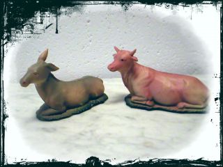 2 Alte Krippenfiguren Ochse,  Esel Liegend Aus Bakelit Nativity Scene Ox Donkey Bild