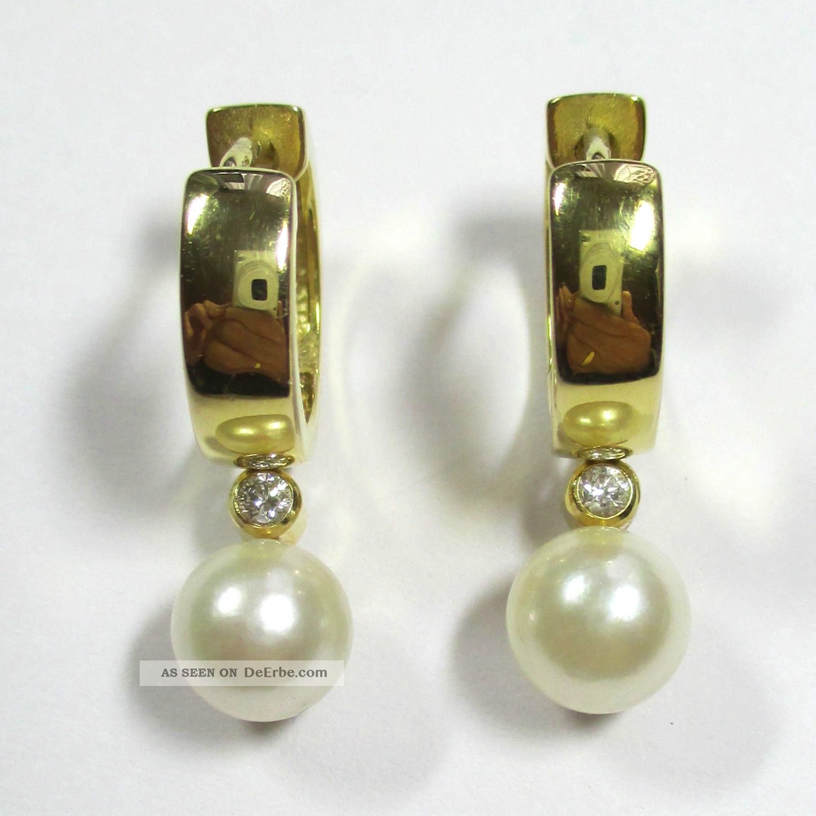 1165 - 14 Mm Creolen Aus Gelbgold 585 Mit Zuchtperle Und Brillant - - - Video 1879 Schmuck & Accessoires Bild