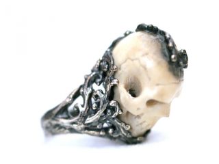 Totenkopf Schädel Ring Silber 925 & Bein Viktorianische Design Memento Mori Deth Bild