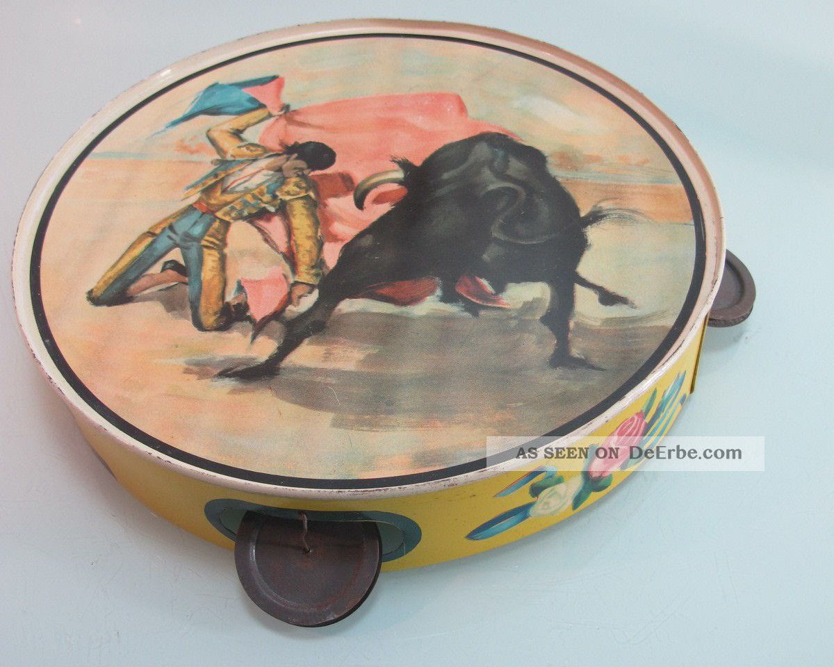 Altes Tamburin Blech Blechspielzeug Torero Stier Bunt Schöne Farben Original, gefertigt 1945-1970 Bild