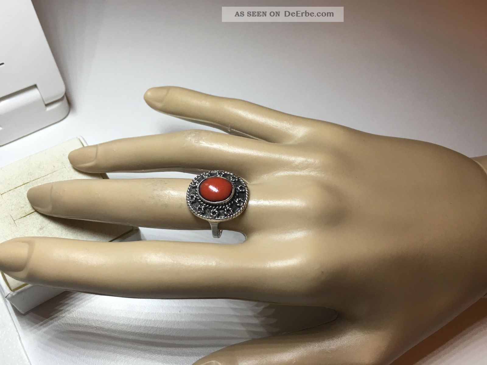 Alter 935 - Er Silber Ring Mit Koralle,  Ringgröße 54 Ringe Bild