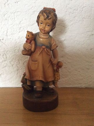 Holzfigur Skulptur Mädchen Mit Puppe Teddybär Aus Südtirol Bild