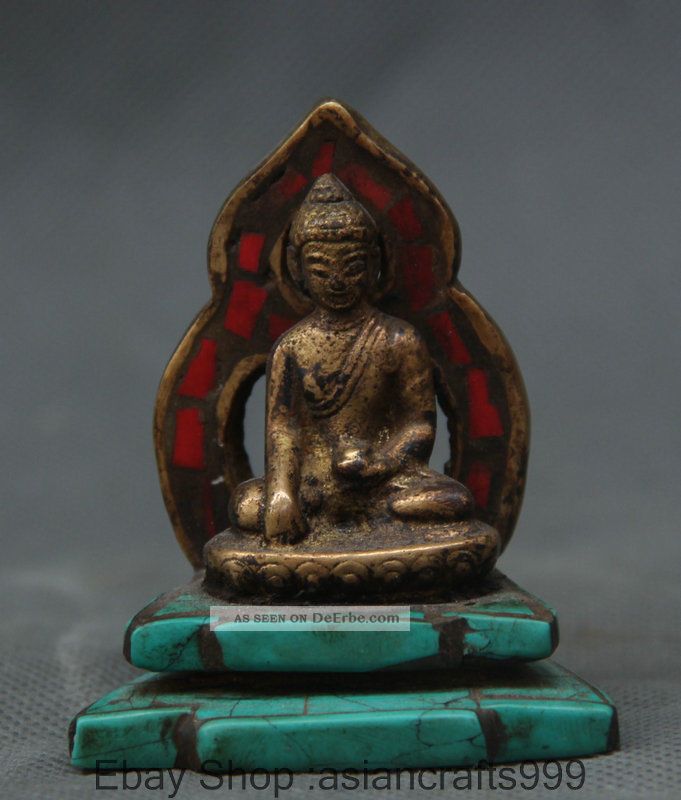 Tibet Türkis Bronzevergoldung Shakyamuni Buddha Statue Hintergrundbeleuchtung Antike Bild