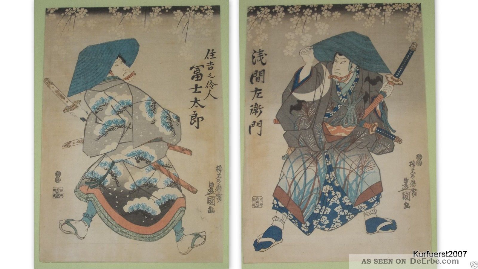2 Blätter Utagawa Kunisada (1786 - 1865) Antik Farbholzschnitt Schauspieler Asiatika: Japan Bild