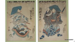 2 Blätter Utagawa Kunisada (1786 - 1865) Antik Farbholzschnitt Schauspieler Bild
