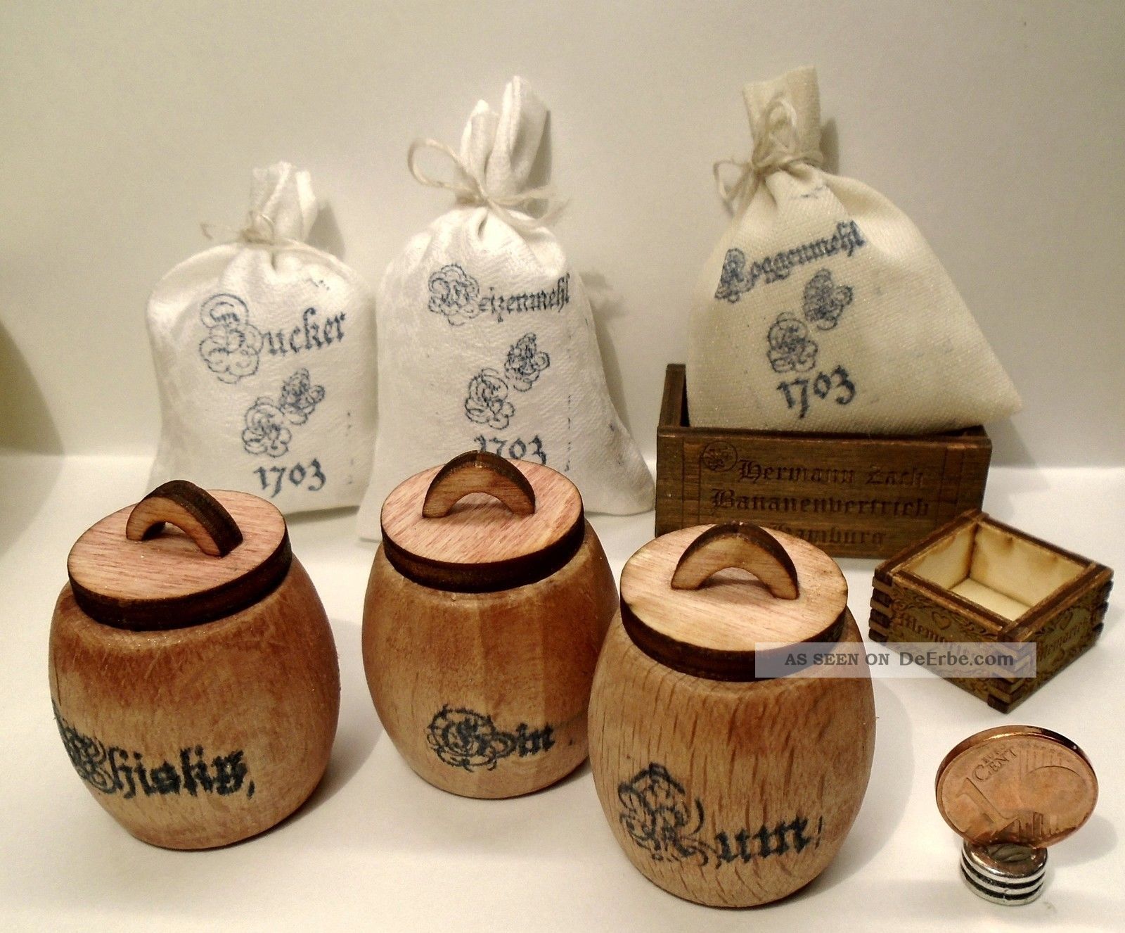 3 Säcke,  3 Fässer Und 2 Kisten F.  Kaufladen,  Puppenhaus,  Puppenstube 1:12 Miniatur Kaufmannsläden & Zubehör Bild