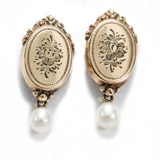 Biedermeier Um 1860: Gravierte Ohrringe Aus 585 Gold & Perlen,  Schaumgold Bild