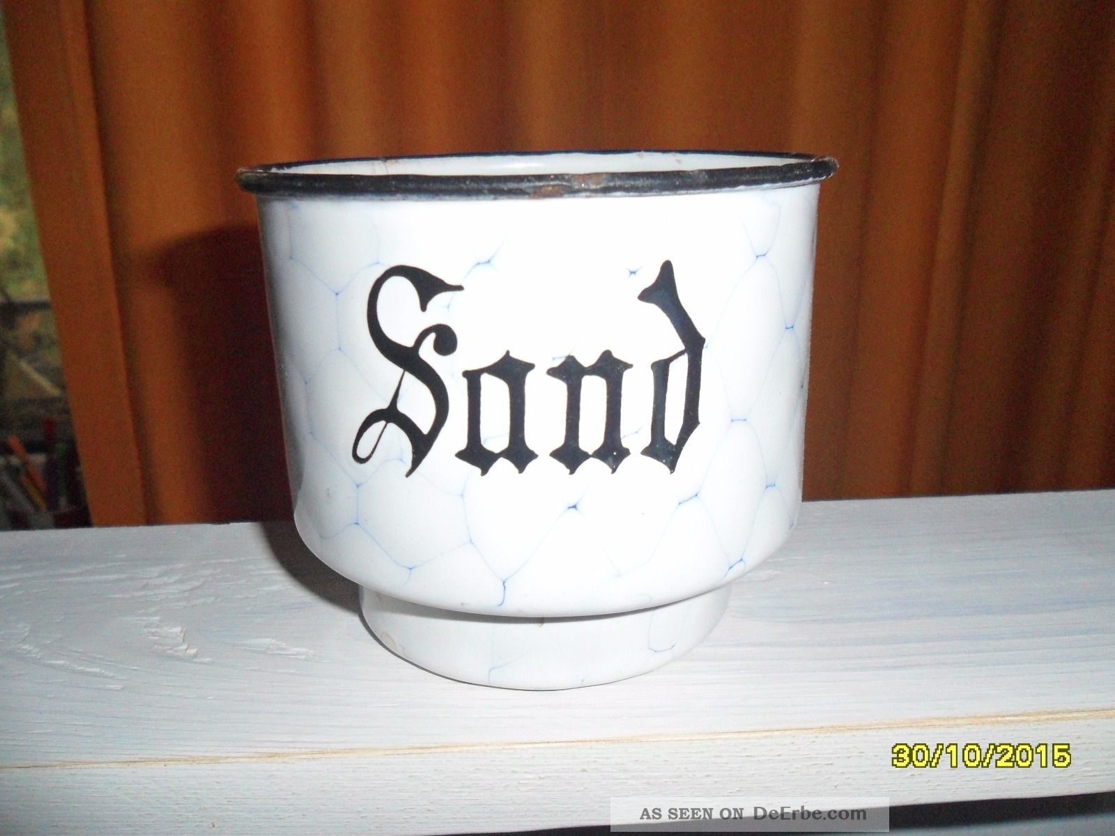 Becher Sand Seife Soda Antik Netzmuster Chicken Wire Emaille Email Emailliert Emailwaren Bild