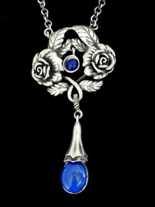 Silber Kette Collier Lapis Lazuli Signiert Mit Ca 925 / Rose Jugendstil Motiv Bild