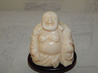 Antike Bein Buddha China Um 1880 Auf Holz Sockel Signiert Sehr Fein Bild
