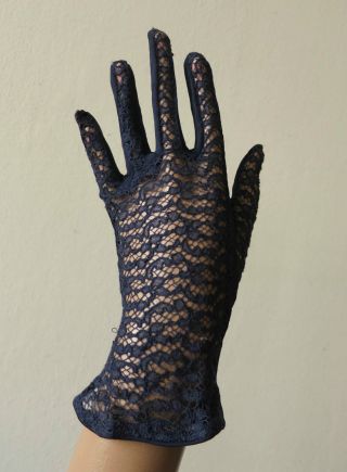 Damen Abend Handschuhe Navy Blau Spitze True Vintage 40er 50er Jahre Bild