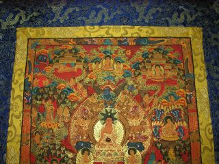 Sehr Feiner Rotgrund Und Gold Thangka Buddha S Life Nepal In Brokat 93x54 Bild