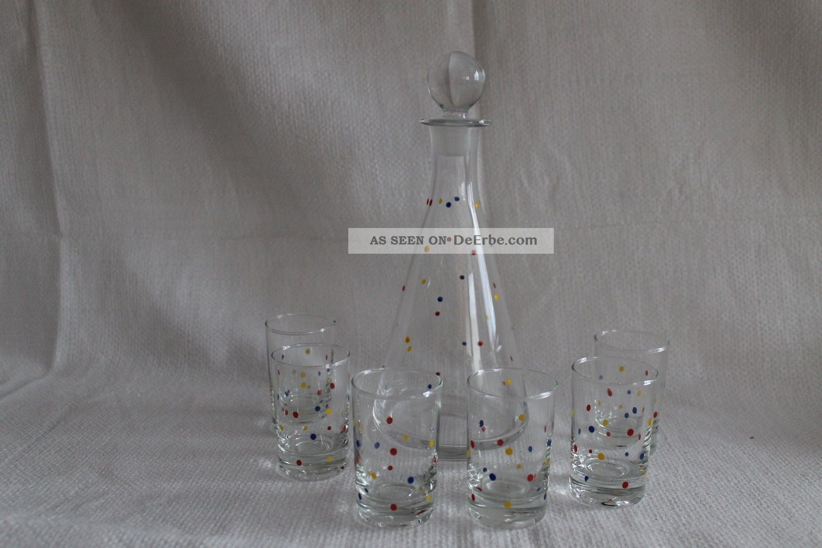 Likör Glaskaraffe 0,  3 L Mit 6 Gläser 50er Jahre Selten Email Punkte Kristall Bild