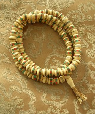 Mala Gebetskette Schwere Weiße Yak - Knochen,  Koralle,  Türkis Tibet 85cm 8mm Bild