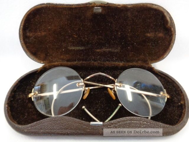 Antike Rahmenlose Brille Gestempelt Golddoublé Mit Etui Accessoires Bild