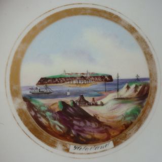 Handbemalter Ansichtsteller Von Helgoland Mit Dampfsegler Um 1850 Bild