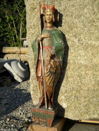 Ant.  Geschnitzte Holzfigur Heiligenfigur? Statue Mit Krone,  Fahne,  Adler,  Wappen Bild