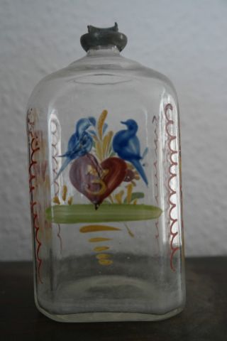Schnapsflasche,  Hochzeitsflasche,  Facettiert,  Mit Emailbemalung,  Abriss,  Um 1800 Bild