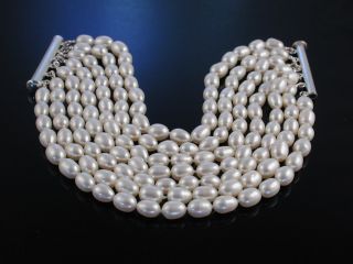 MondÄn Breites Zucht Perlen Armband 7 - Reihig SÜsswasser Silber 925 Bild