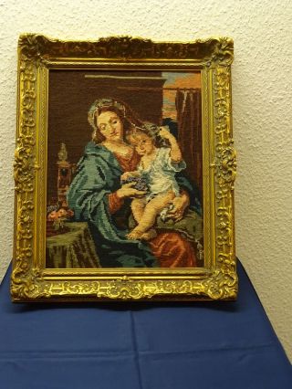 Gobelinbild - Mutter Mit Kind - Handgestickt - In Barockrahm Bild