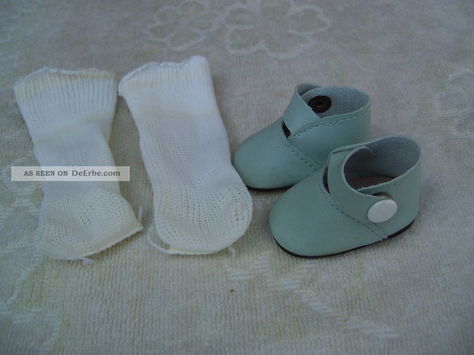 Alte Puppenkleidung Schuhe Vintage Blue Lashed Shoes Socks 40 Cm Doll 5 1/2 Cm Original, gefertigt vor 1970 Bild