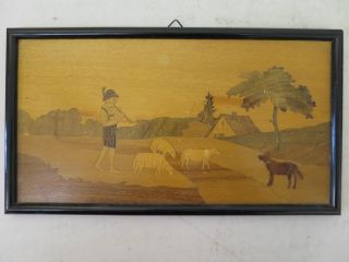 K1) Altes Holz Bild Im Rahmen Intarsien Handarbeit Hirte Mit Flöte Hund Schafe Bild