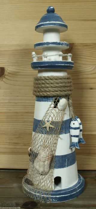 Holz Leuchtturm Blau/weiß Gestreift Ca.  33,  5cm Groß Mit 2 Holzfischchen (pla) Bild