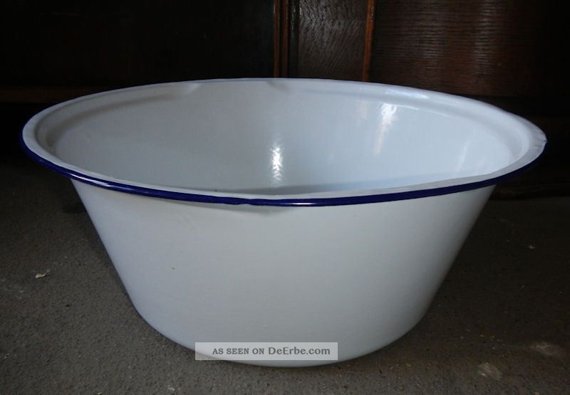 Sehr Große Weiße Emailleschüssel Mit Blauem Rand / Durchmesser 42cm Thale 0161 Emailwaren Bild