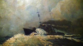 Schönes,  Altes Ölgemälde,  Gemälde Auf Holz,  Kriegs Schiff Dampfer Kanone,  Antik Bild