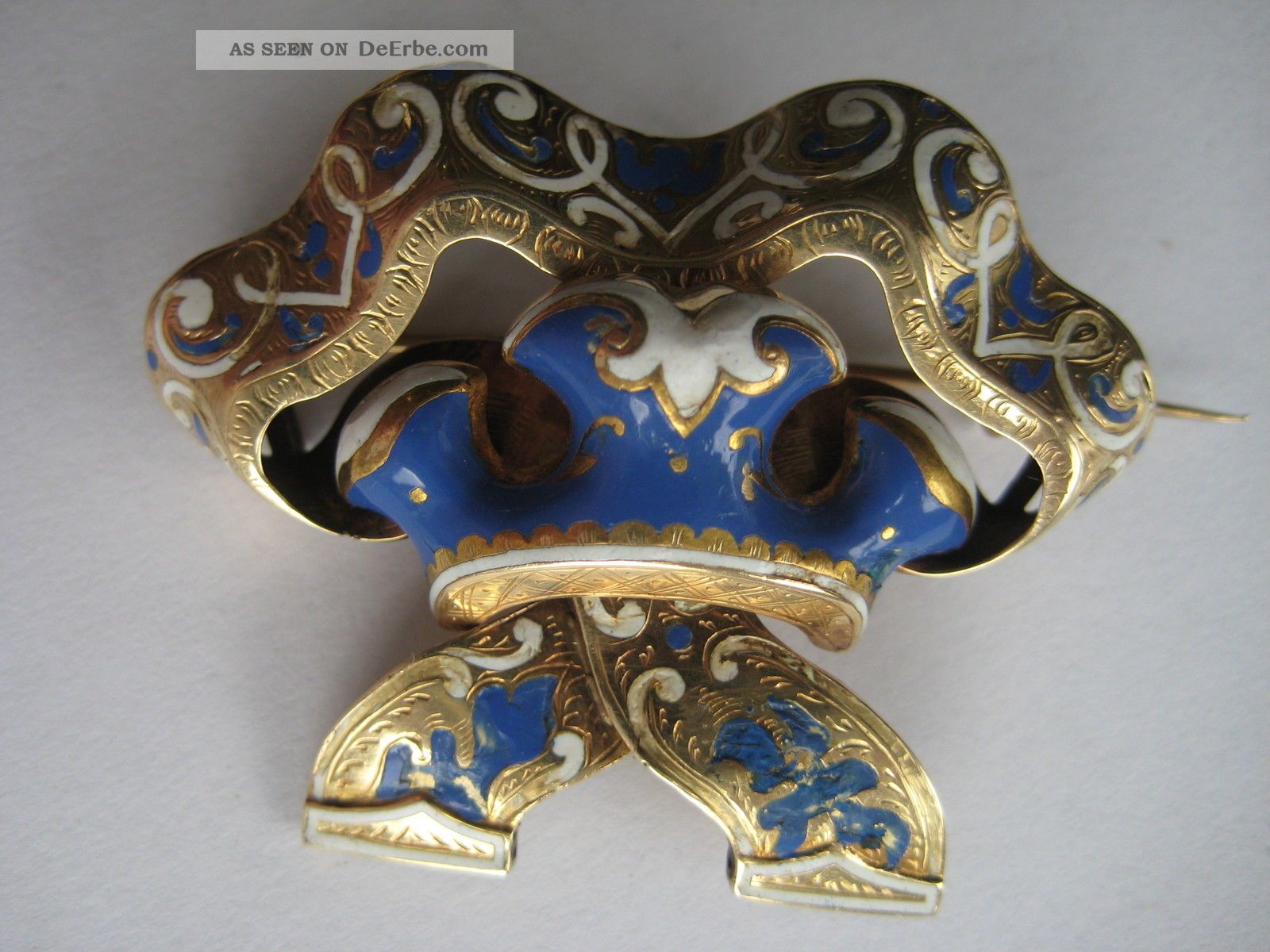 Biedermeier Brosche Goldbrosche 585 Gold Brooch Blaue U.  Weise Emaile 19.  Jh. Broschen Bild