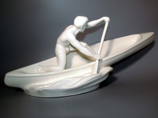 Alte Art Deco Figur Kanute Kanufahrer Keramik Skulptur 1930 Antik Boot Sportler Bild