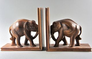 Elefanten - Buchstützen Aus Edelholz,  Kunstvolle Holzschnitzarbeit,  Höhe Je 17 Cm. Bild