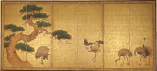Sechsteiliger Stellschirm Japan,  Frühe/mittl.  Edo - Periode - 5 Kraniche Und Kiefer Bild