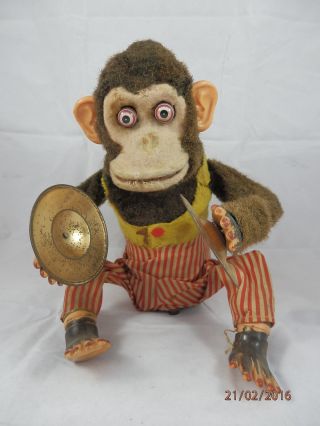Alte Blechspielzeug Figur Batterieautomat Schellen Spielender Affe Made In Japan Bild