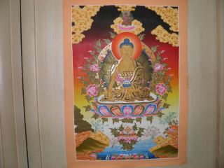 Thangka Buddha Sakyamuni Feine Arbeit,  Gemalt Von Einem Tibet.  Mönch Viel Gold Bild