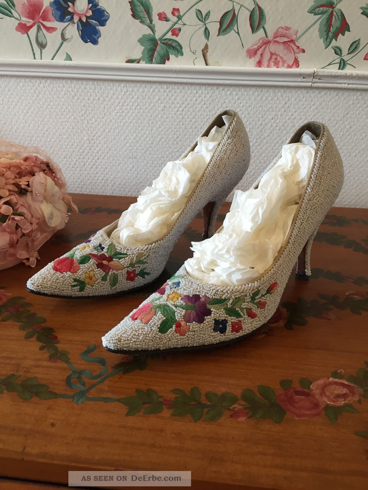 Bestickte Außergewöhnliche True Vintage 1950 Er Damen Schuhe Pumps Perlen