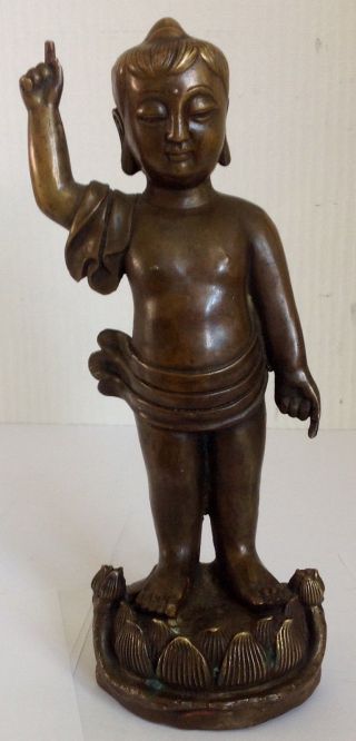 Alte Buddha (als Kind) Skulptur,  Wohl Bronze,  Stehend Mit Erhobenem Zeigefinger. Bild