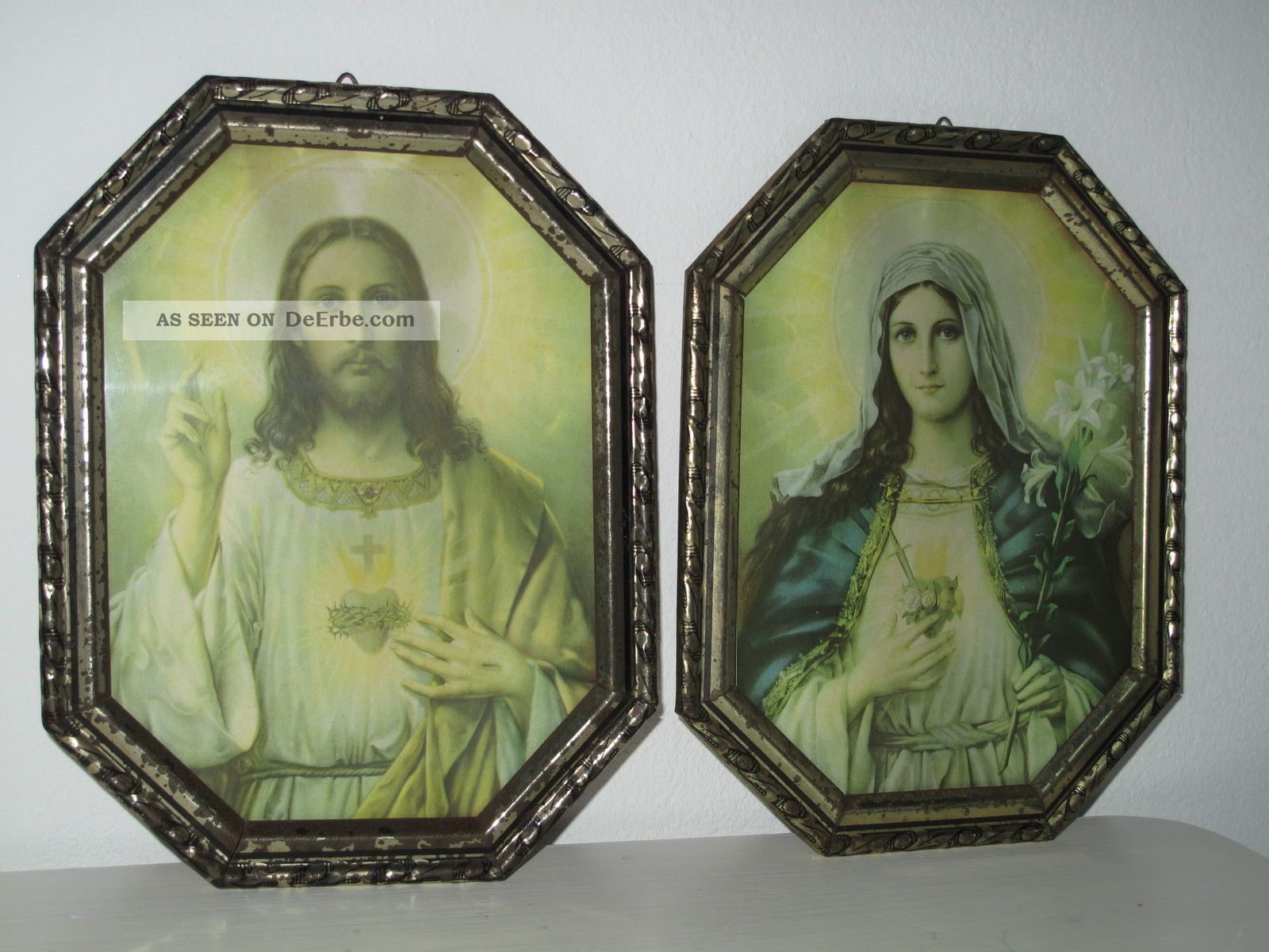 Antik 2x Heiligenbild Schutzbild Maria,  Jesus Flammendes Herz Shabby Bild Nr.  3 Votivbilder & Sakralmalerei Bild