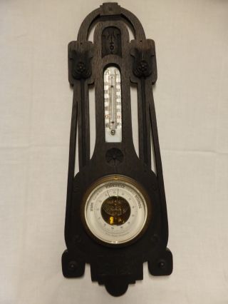 Thermometer Barometer Wilhelm Maess Antik Jugendstil Wetterstation Holz Bild