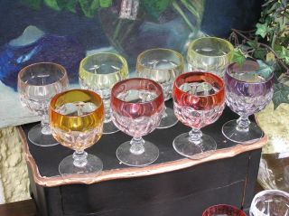 Alte Gläser Römer Wein Glas Kristall Farbiges Dekor Bleikristall Geschliffen Bild