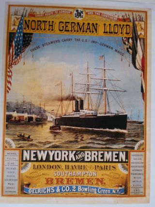 Maritim Plakat Poster Reederei Ndl Bremen,  Farb - Repro V.  1883 - Selten Bild