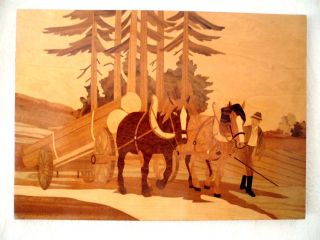 Großes Altes Holz Intarsienbild Pferde - Holztransport,  Intarsien Einlegearbeit Bild