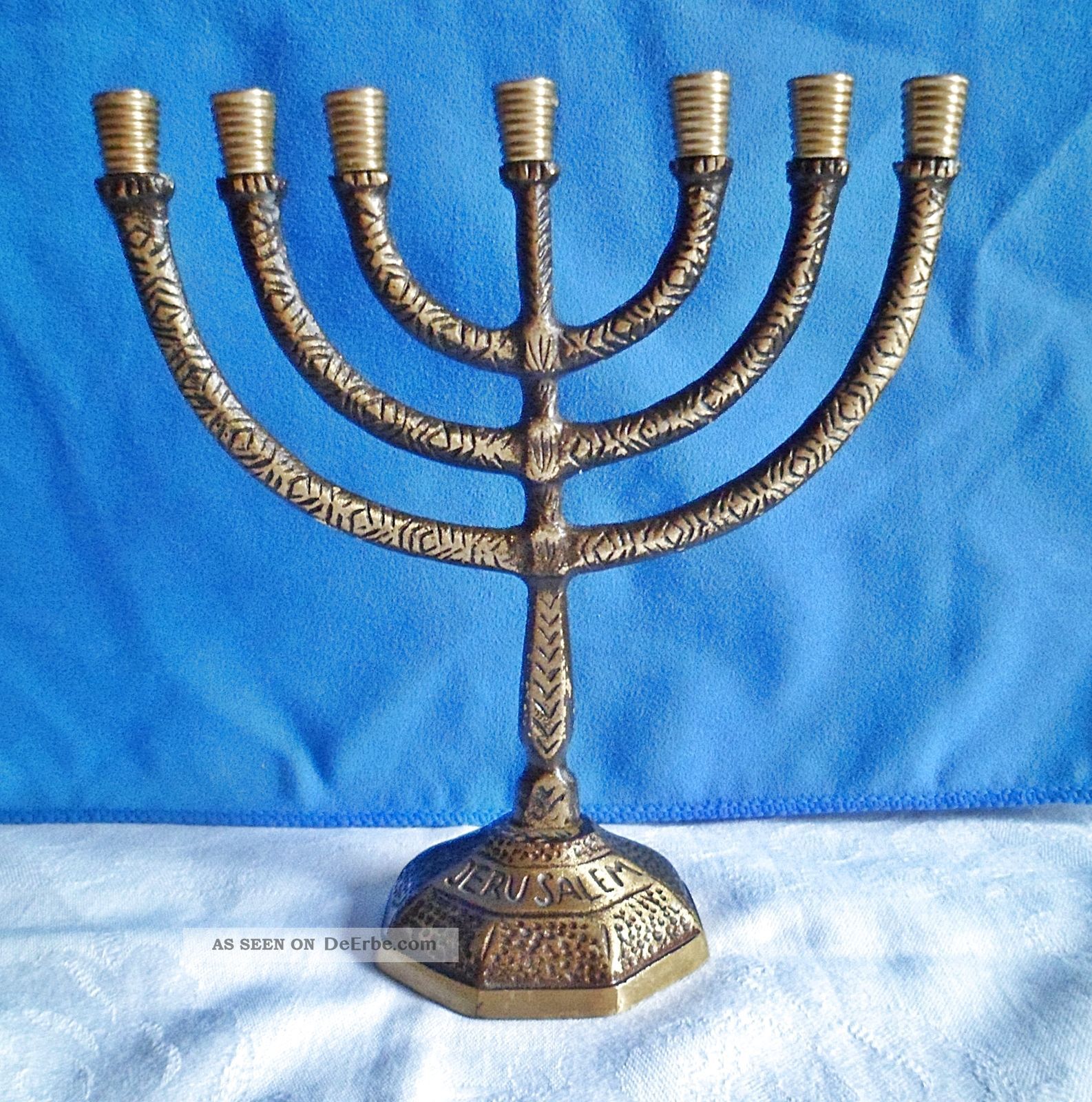 Menora 7armiger Messing Kerzenleuchter / Kerzenhalter Jerusalem / Judaica Gefertigt nach 1945 Bild