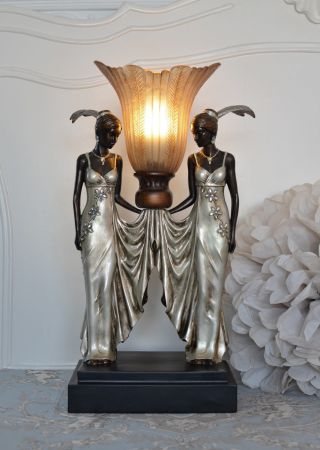 Tischleuchte Vintage Lampe Art Deco Frauenfigur Tischlampe Fächerschirm Antik Bild