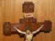 Altes Jugendstil - Kreuz,  Standkreuz Mit Bemaltem Jesus Aus Metall Ca.  1905 Skulpturen & Kruzifixe Bild 1