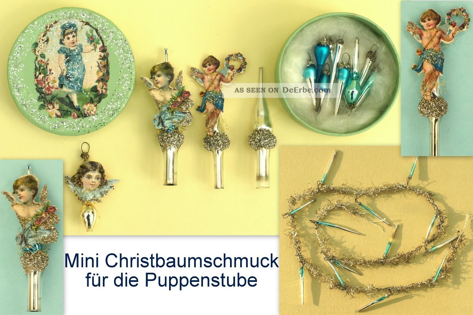 Kleine Schachtel Mit Winzigem Christbaumschmuck Aus Glas,  Mit Glimmer & Oblaten Original, gefertigt vor 1970 Bild