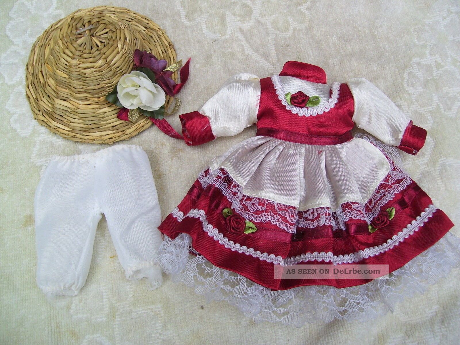 Alte Puppenkleidung Silky Folk Dress Hat Outfit Vintage Doll Clothes 25 Cm Girl Original, gefertigt vor 1970 Bild