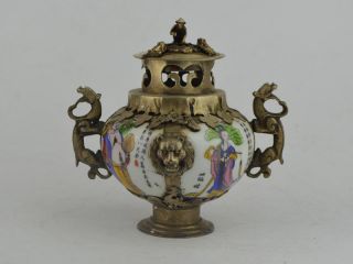 Collectible Decorated Old Copper&porcelain Handwork Belle Incense Burner Statue Bild