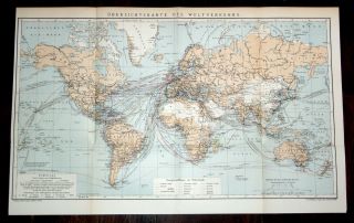 Orig.  Lithographische Tafel 53,  5 X 34 Cm 1905 Dampfschifflinien Im Weltverkehr Bild